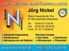 Montage und Service Nickel Gas-Heizung-Sanitärinstallation Glashütte